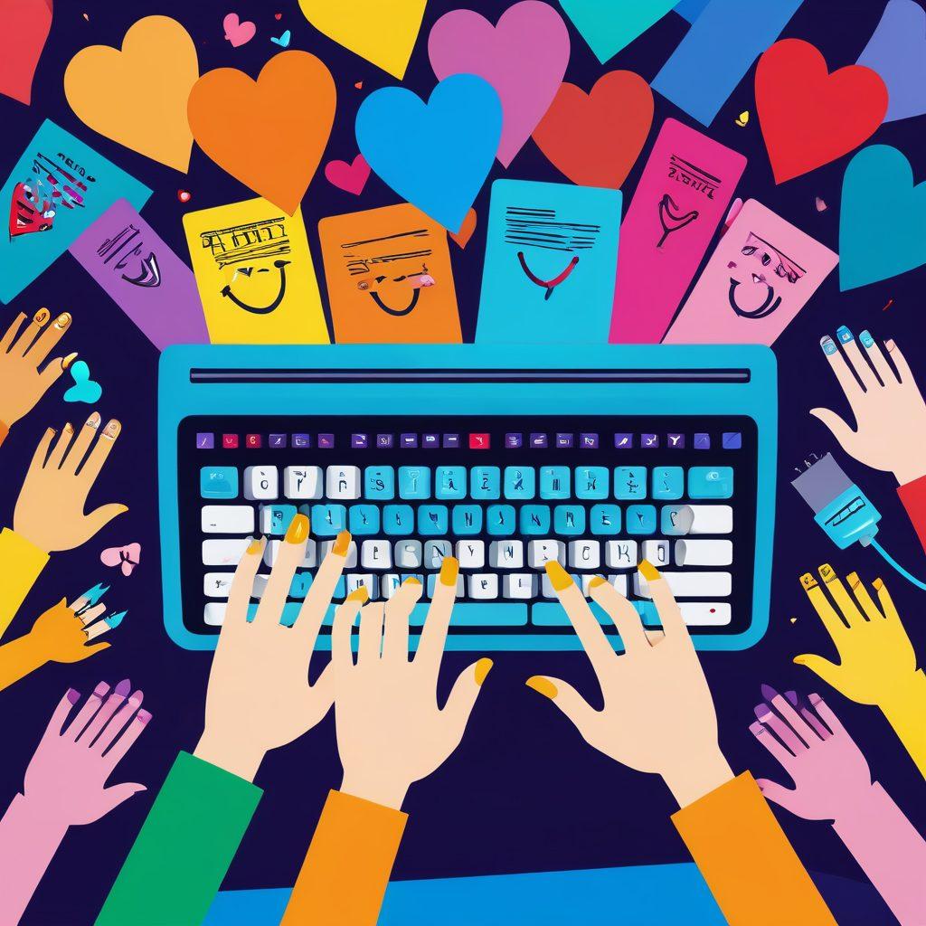 A whimsical scene depicting colorful typing tests transforming into exciting writing games, with playful cartoon fingers racing on a keyboard. Surrounding elements like hearts and joyful expressions symbolize affection and fun, while bright, cheerful colors enhance the atmosphere. Include elements of a competitive race with a finish line in sight. Vector art style. Vibrant colors.