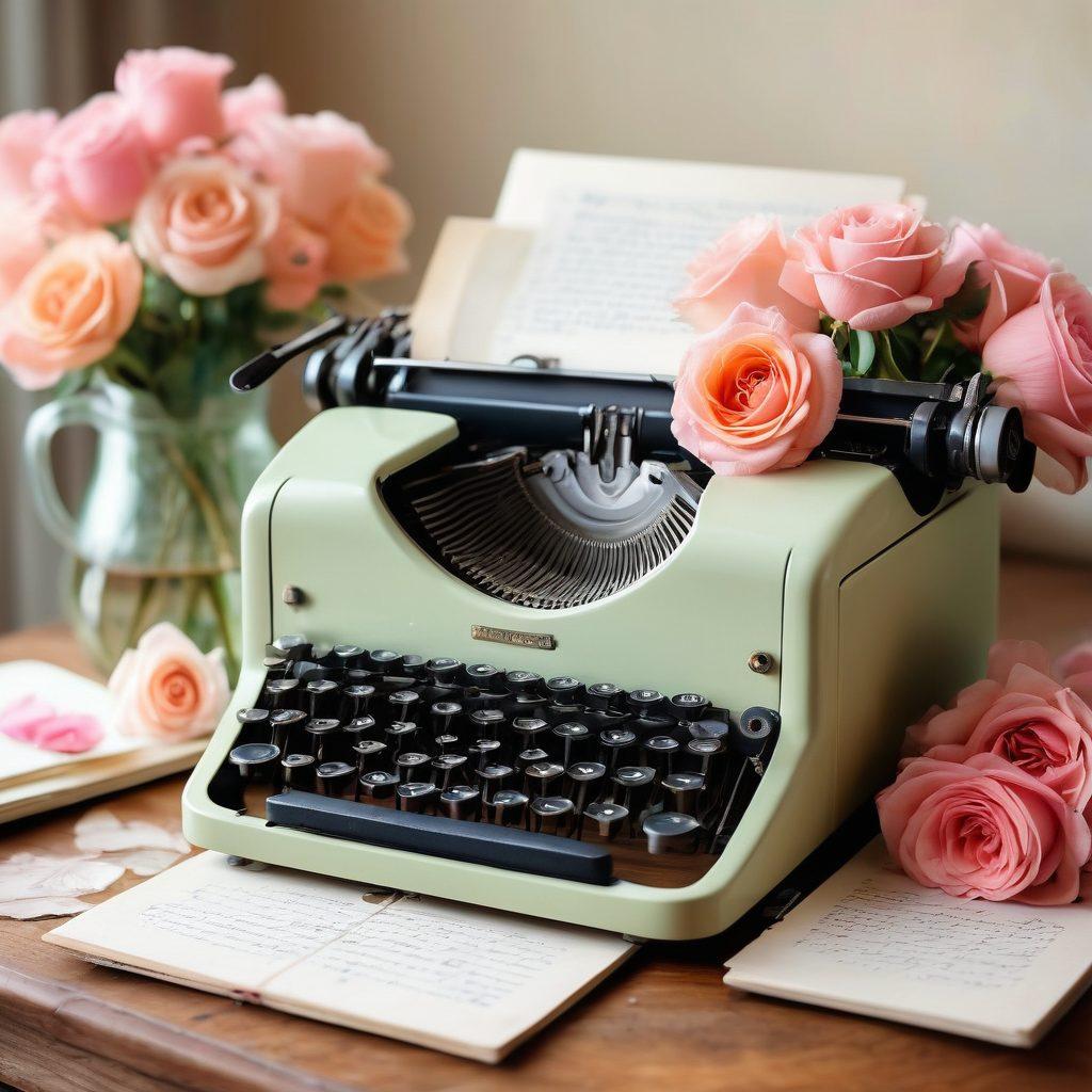 An artistic depiction of a vintage typewriter adorned with blooming roses and heart shapes, situated on a cozy wooden desk with soft ambient light. Surrounding the typewriter are open notebooks filled with handwritten love letters and sketches of fingers dancing over keys, evoking a sense of romance and creativity. The background features a dreamy pastel color palette, emphasizing warmth and affection. whimsical. vibrant colors. soft focus.