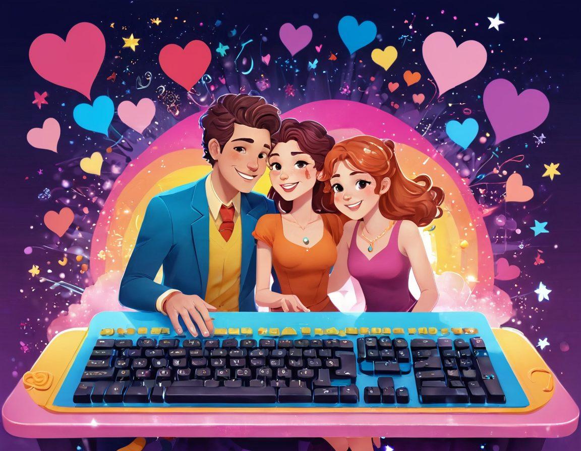 A whimsical digital scene depicting a lively romance-themed typing game, featuring a beautiful couple competing in a friendly typing race over a colorful keyboard. The background showcases hearts, sparkles, and text bubbles with playful phrases. Bright colors create an inviting atmosphere that captures the essence of fun and competition. Integrate elements like animated letters flying from the keyboard to enhance the excitement. cartoon style. vibrant colors.